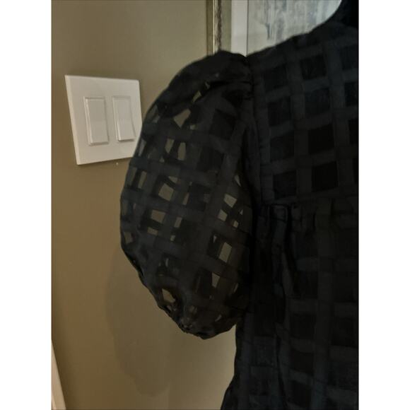 English Factory Puffy Sleeve Black Dress window pane semi sheer lined tired sz S - Picture 3 of 16